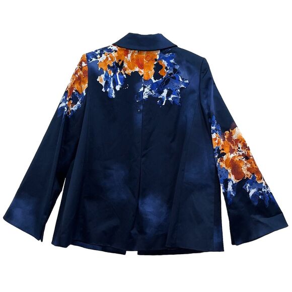 NWT Ellen Tracy Ink Blue Orange Abstract Floral Swing Cotton Blazer Jacket Sz 10 - Picture 2 of 11